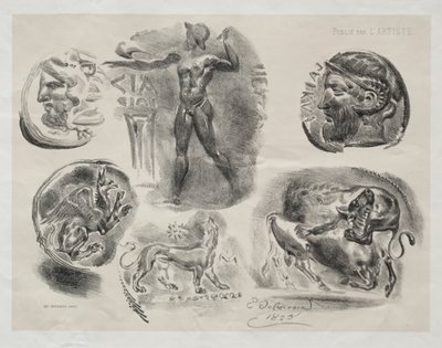 Blad met zes antieke medailles, 1825 door Ferdinand Victor Eugene Delacroix