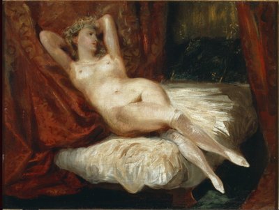 Studie van naakte vrouw liggend op een bank, de vrouw met witte kousen door Ferdinand Victor Eugene Delacroix