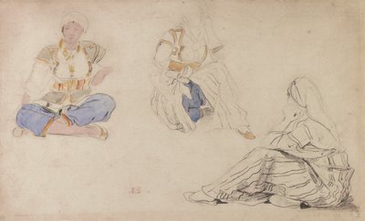 Drie studies van een zittend Marokkaans meisje door Ferdinand Victor Eugene Delacroix