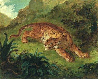 Tijger en slang door Ferdinand Victor Eugene Delacroix
