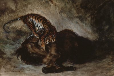 Tijger die een paard aanvalt door Ferdinand Victor Eugene Delacroix
