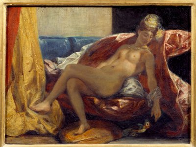 Vrouw die een papegaai snijdt. Schilderij door Eugene Delacroix (1798-1863) door Ferdinand Victor Eugene Delacroix