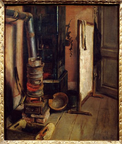 Hoek van het atelier, de schilderkachel door Ferdinand Victor Eugene Delacroix