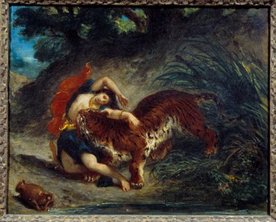 Jonge vrouw meegenomen door een tijger of Indiër gebeten door een tijger door Ferdinand Victor Eugene Delacroix