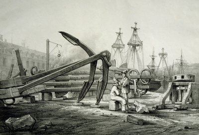 Ankers op scheepswerf, door Ferdinand Perrot, lithografie door Ferdinand Victor Perrot
