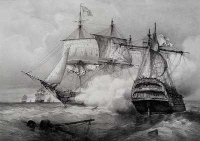 Slag tussen Amerikaans 74-kanonschip en Britse fregat, lithografie door Ferdinand Perrot door Ferdinand Victor Perrot