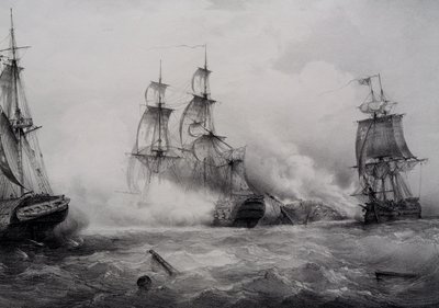 Gevecht tussen Britse en Amerikaanse derdeklas zeilschepen met 74 kanonnen, lithografie door Ferdinand Perrot door Ferdinand Victor Perrot
