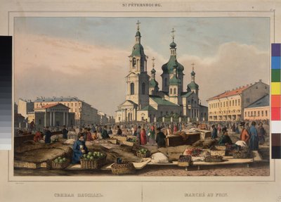 Hooi markt en de kathedraal van de Hemelvaart van de Moeder Gods in Sint-Petersburg door Ferdinand Victor Perrot