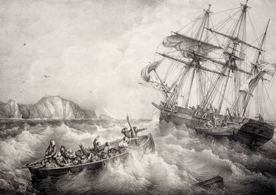 Redding van bemanning van Bretonse vissersboot door Zweeds schip Le Neptune, Lithografie door Ferdinand Perrot door Ferdinand Victor Perrot