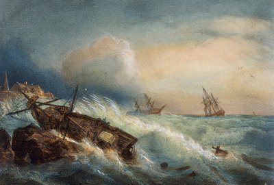 Schipbreuk aan de kust van Saint Nazaire, Kleurenlithografie door Ferdinand Perrot, Frankrijk door Ferdinand Victor Perrot