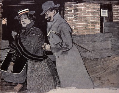 Man die een jonge vrouw lastigvalt. Illustratie door F. Von Reznicek in: Simplicissimus, Duitsland door Ferdinand von Reznicek