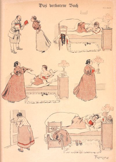 Het verboden boek. Een meisje leest een boek in bed. Het wordt van haar afgenomen door een oudere vrouw, die het vervolgens zelf leest. door Ferdinand von Reznicek