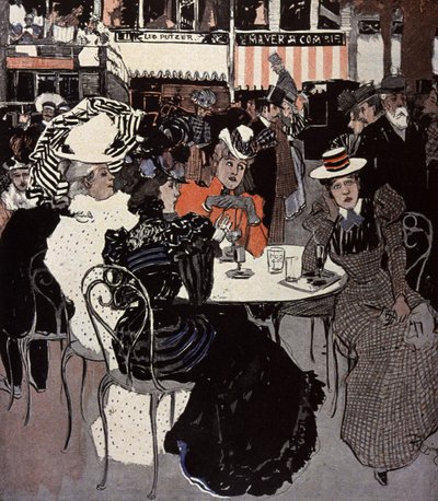 Vrouw die aan een tafel buiten een café praat. Illustratie door Von Reznicek in: Simplicissimus, Duitsland door Ferdinand von Reznicek