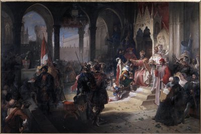 Amadeus VIII de Vredelievende (1383-1451) werd hertog van Savoye gekroond door keizer Sigismund I van het Heilige Roomse Rijk op 19/02/1416 tijdens zijn bezoek aan Chambéry. Schilderij door Ferdinando Cavalleri (1794-1865) Château di Aglie, Italië door Ferdinando Cavalleri