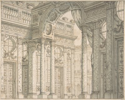 Ontwerp van een perspectief voor een toneelset met binnenplaats en triomfboog, ca. 1675-1743 door Ferdinando Galli Bibiena