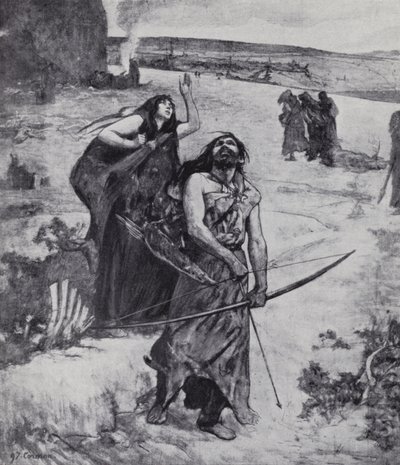 IJstijdmens leert jagen met boog en pijl (litho) door Fernand (after) Cormon