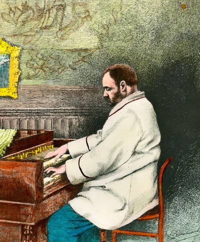 Portret van Emile Zola (1840-1902) die het orgel bespeelt. Gravure door Desmoulin door Fernand Desmoulin
