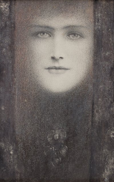 Het masker met een zwart gordijn door Fernand Khnopff