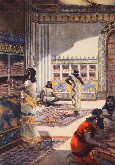 De Beroemde Bibliotheek van Koning Ashur-Bani-Pal, in Nineveh, illustratie uit 