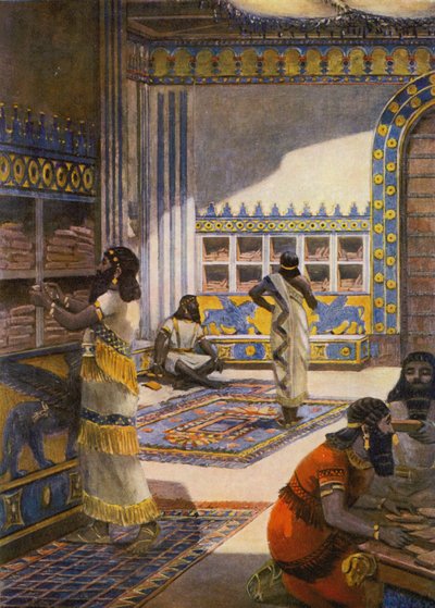 De beroemde bibliotheek van koning Ashur-bani-pal in Nineveh door Fernand Le Quesne
