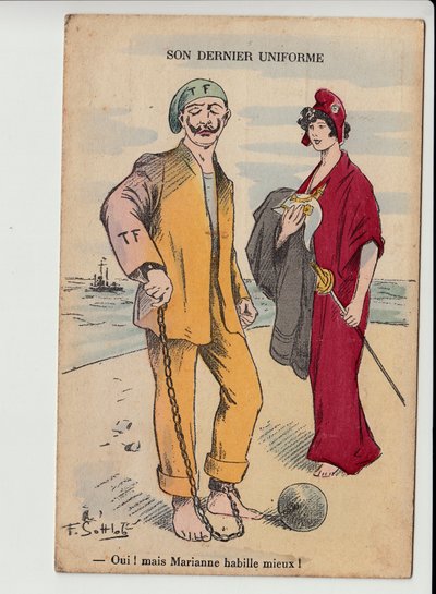 Prentbriefkaart, satirisch in kleuren: Haar laatste uniform - Oorlog van 14-18 - Marianne, Wilhelm II Illustratie door Gottlob (1873-1935) door Fernand Louis Gottlob