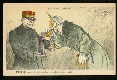 Ansichtkaart, Satirisch in kleuren, ca. 1914: Een klein geschenk dat ik aanbied met mijn beste wensen voor 1915 - Oorlog van 14-18, Kanonnen, granaten - William II, Joffre Illustratie door Gottlob (1873-1935) door Fernand Louis Gottlob