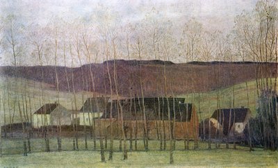 Landschap met gebouwen door Fernand Maglin