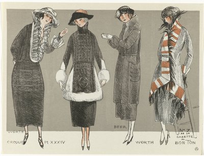 Gazette du Bon Ton, 1920 - No. 7, Croquis Pl XXXIV: Worth / Beer / Worth door Fernand Siméon