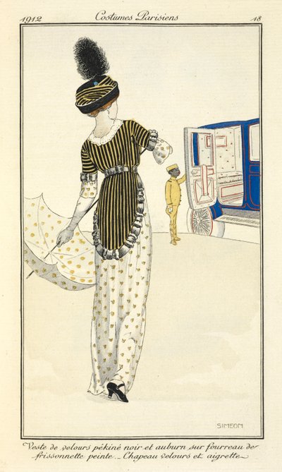 Veste de velours pékinois noir et auburn sur fourreau de frissonnette peinte. Chapeau velours et aigrette door Fernand Siméon