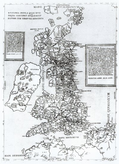 Britania Insula quae dup Regna continet Angliam et Scotiam cum Hibernia adiacente, gegraveerd door Paulo Forlani, 1562 door Fernando Bertelli