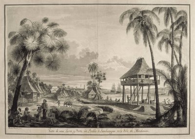 MALASPINA, Alejandro (1754-1809). Italiaans-Spaans navigator en ontdekkingsreiziger.; BRAMBILA, Fernando (1763-1834). Schilder. Malaspina-expeditie. Filippijnen (1792). Dorp Zamboanga. Tekening door Fernando Brambila. Tekening. SPANJE. MADRID (AUTONOME GEM door Fernando Brambila