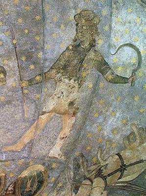 Een man met een sikkel en een speer, detail van de Cielo de Salamanca door Fernando Gallego