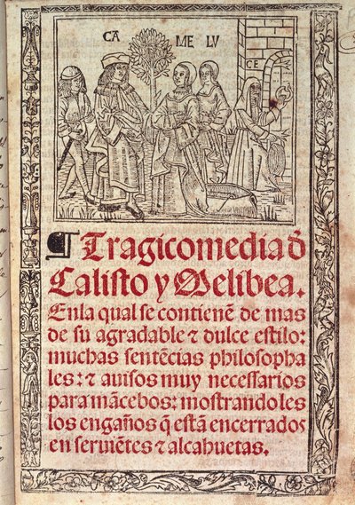 Miniatuur op perkament op de omslag van de Celestina of Tragicomedia de Calisto y Melibea, Spaans manuscript door Fernando de Rojas, gepubliceerd in 1531 door Fernando de Rojas