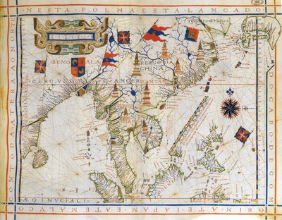 Vliegtuigkaart, pre-Mercator kaart van 1571 door de Portugese cartograaf Fernao Vaz Dourado door Fernao Vaz Dourado