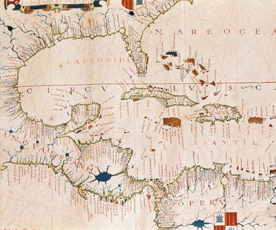 Portulan: Geografische kaart met de naam van de kustlijn van Cuba, Florida, Midden-Amerika en Noord-Latijns-Amerika, Hydrographic Atlas van Fernao VAZ DOURADO door Fernao Vaz Dourado