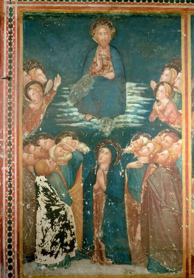 De Hemelvaart van Christus omringd door apostelen en de Maagd Maria (fresco) door Ferrer Bassa