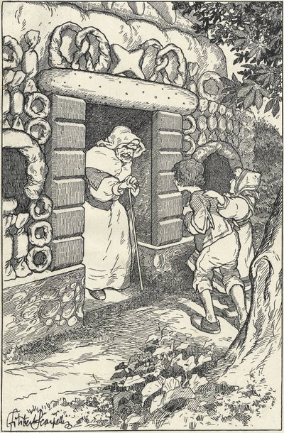Twee kinderen in een marsepeinen huis in het bos. Illustratie door F. Scarpelli voor het sprookje Hans en Grietje, gebaseerd op een bundel van de gebroeders Grimm. Sneeuwwitje en andere sprookjes, Florence door Filiberto Scarpelli