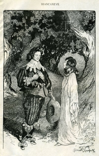 Illustratie door Filiberto Scarpelli voor het sprookje "Sneeuwwitje" uit een verzameling fabels van de gebroeders Jacob en Wilhelm Grimm, "Sneeuwwitje en andere sprookjes". door Filiberto Scarpelli
