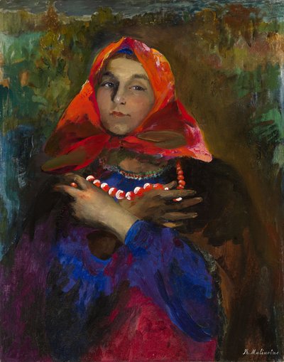 Russisch meisje met een rode hoofddoek door Filipp Andreevic Maljavin