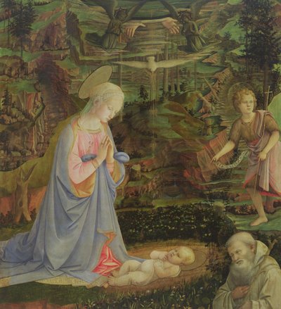 Aanbidding van het Kind met de jonge St. Jan en St. Romuald door Filippino Lippi