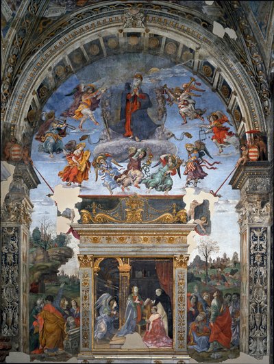 Hemelvaart van de Maagd en beneden Sint Thomas van Aquino die Maria presenteert aan kardinaal Oliviero Carafa door Filippino Lippi