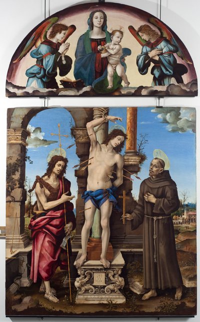 Sint Sebastiaan omringd door Sint Jan de Doper en Sint Franciscus van Assisi Centraal paneel. Boven maagd met kind door Filippino Lippi