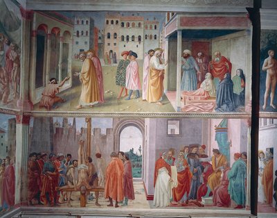 De genezing van de kreupele en de opwekking van Tabitha, door Masolino da Panicale, Sint-Pieter confronteert Simon Magus voor Nero, en het martelaarschap van Sint-Pieter, door Filippino Lippi, fresco