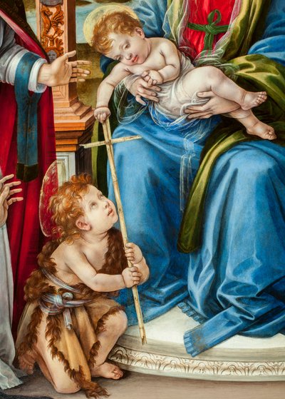 Maagd met kind en Johannes de Doper, Sint Martinus en Sint Catharina van Alexandrië (detail van Nerli Altaarstuk) door Filippino Lippi