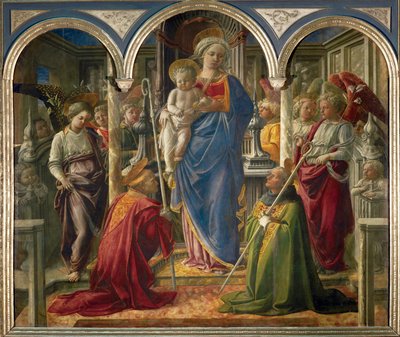 Madonna en kind met engelen, en de heiligen Frediano en Augustinus, genaamd "Pala Barbadori" ... door Filippo (workshop of) Lippi