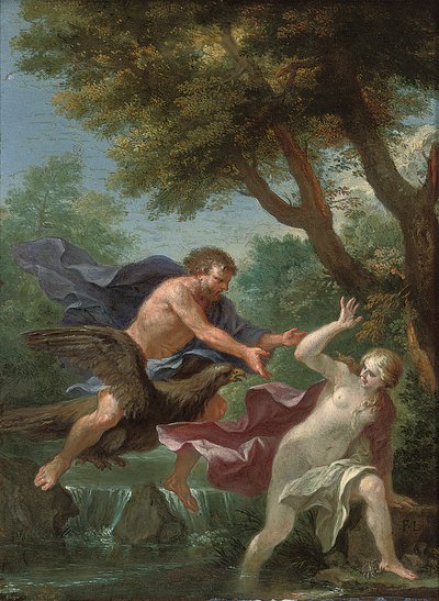 Een bebost rivierlandschap met Jupiter die een riviernimf achtervolgt door Filippo Lauri