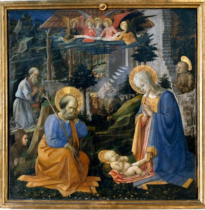 Aanbidding van het kind met Sint-Jerome, Sint-Hilarion, Sint-Magdalena en engelen door Filippo Lippi