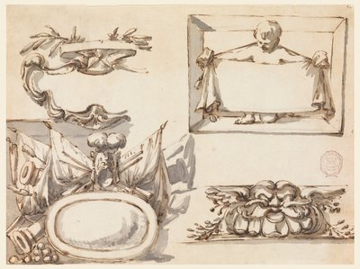 Een wapenschild, een trofee, een label, een decoratief motief voor een fries door Filippo Marchionni