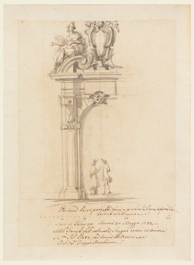 Tekening, Ontwerp voor een poort, voor de ontvangst van paus Pius VI op terugreis uit Duitsland, in Ancona, mei 1782 door Filippo Marchionni