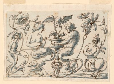 Tekening, Grotesk voor een langwerpig paneel, 1730-50 door Filippo Marchionni